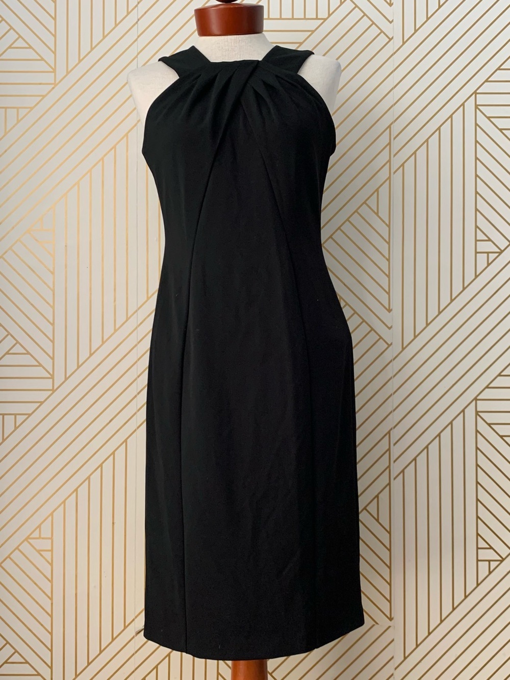 Calvin Klein pleated neckline structured sleeveless black sheath dress high neck